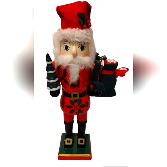 Source Unknown Other - Wooden Santa Nutcracker Holding Gift Sack And Tree